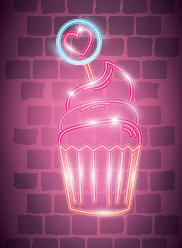 cupcake in neonlicht, valentijnskaartdag vector