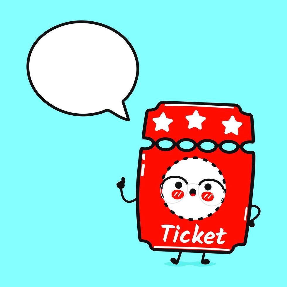 bioscoop ticket met toespraak bubbel. hand- getrokken tekenfilm kawaii karakter illustratie icoon. geïsoleerd Aan blauw achtergrond. bioscoop ticket karakter concept vector