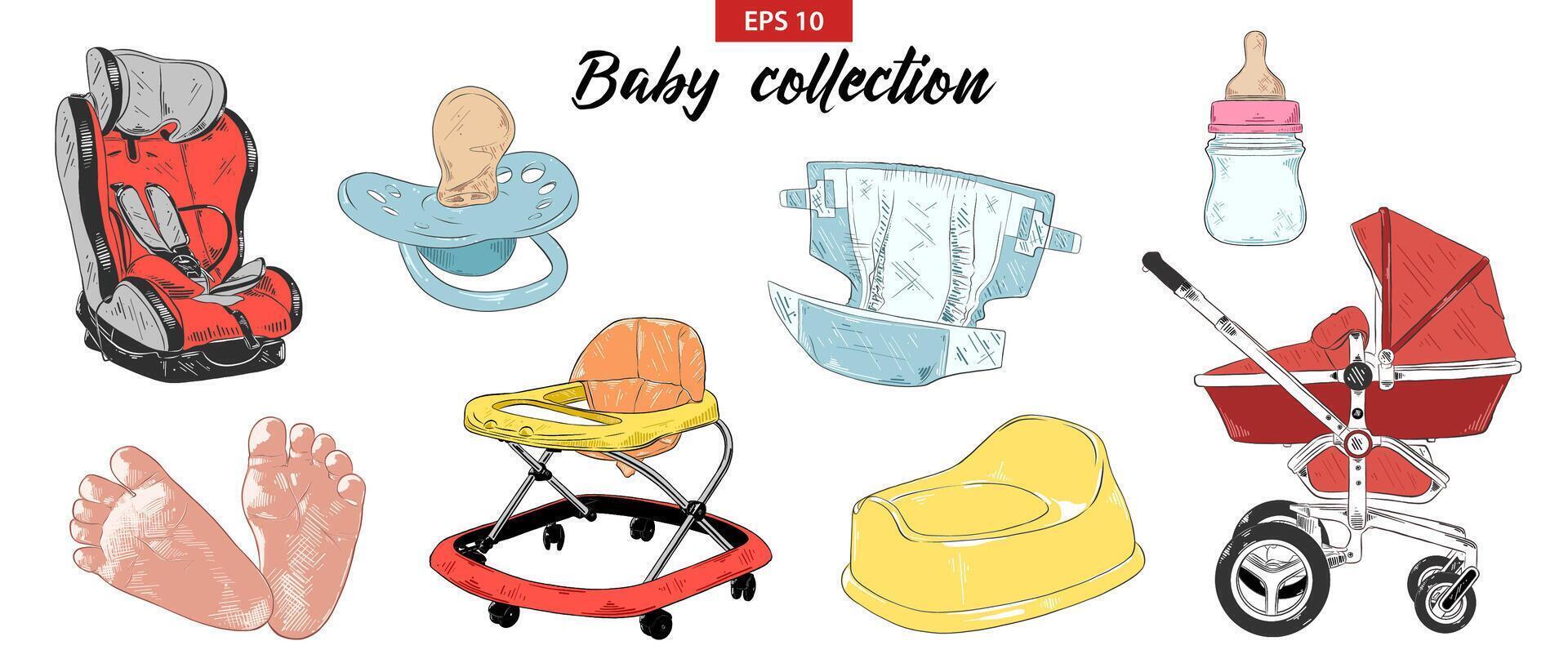 gegraveerde illustratie voor affiches, decoratie. hand- getrokken baby kind schetsen reeks van tepel, baby koets, auto stoel, potje, voeten, wandelaar geïsoleerd Aan wit achtergrond. gedetailleerd etsen tekening. vector