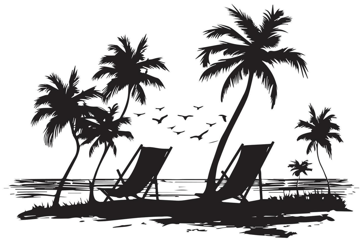 zomer tafereel met een strand stoel met klein palm bomen, en sunbird strand tijd, zomer vakantie zwart silhouet wit achtergrond vector