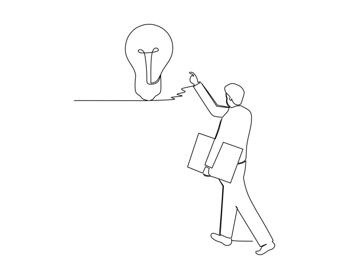doorlopend single een tekening de zakenman is richten naar de lamp bovenstaand hem. bedrijf groei strategie concept. ontwerp illustratie vector