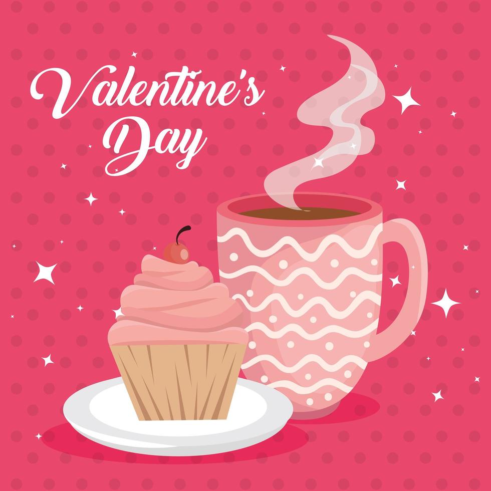 happy Valentijnsdag kaart met cupcake en kopje koffie vector