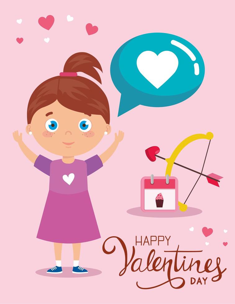 gelukkige Valentijnsdag kaart met schattig meisje en decoratie vector