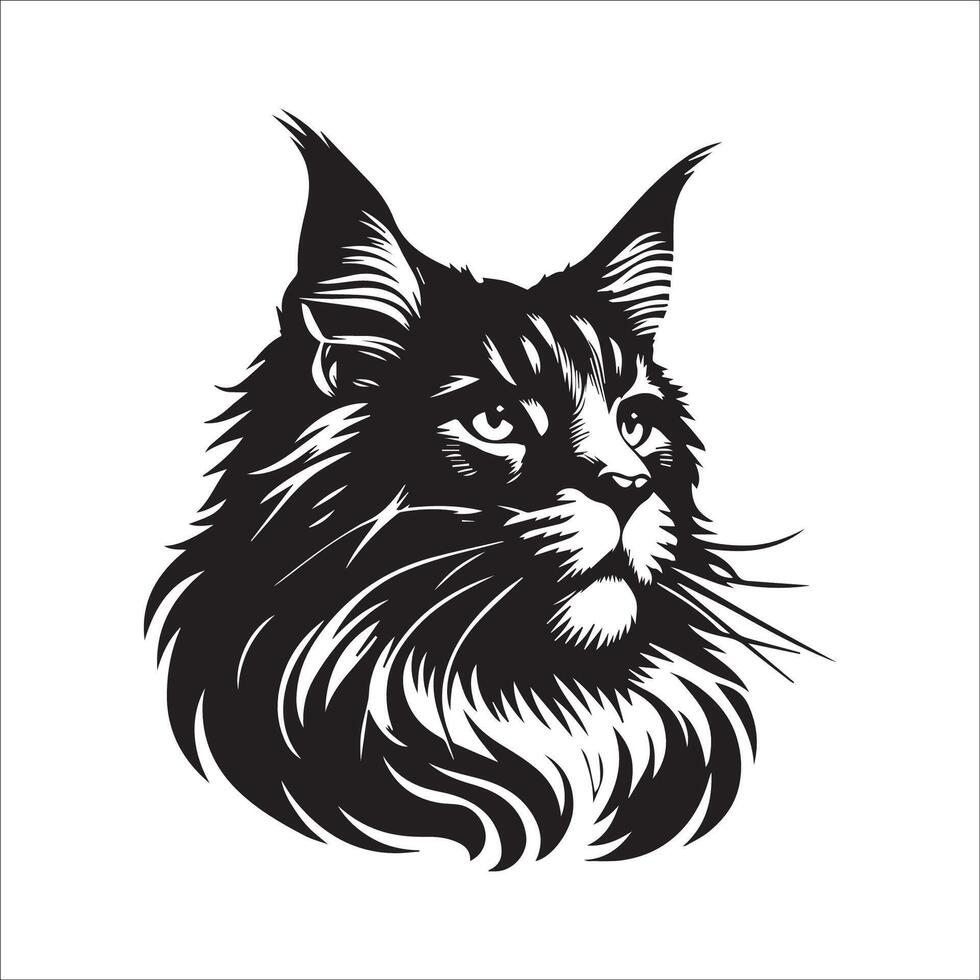 kat gezicht - Maine wasbeer vastbesloten gezicht illustratie in zwart en wit vector