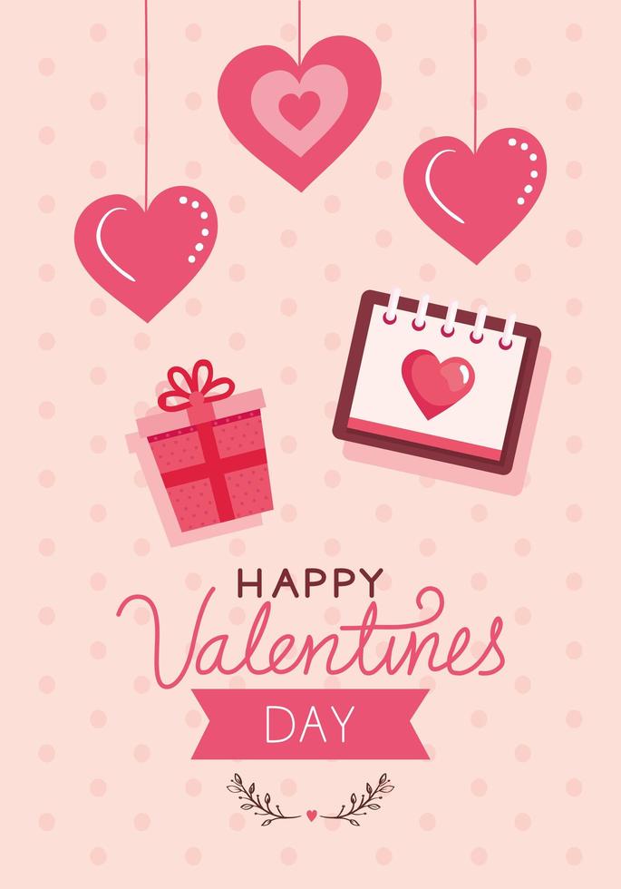 gelukkige Valentijnsdag kaart met hangende harten en decoratie vector