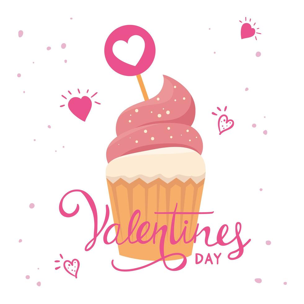 fijne valentijnsdag met cupcake en decoratie vector