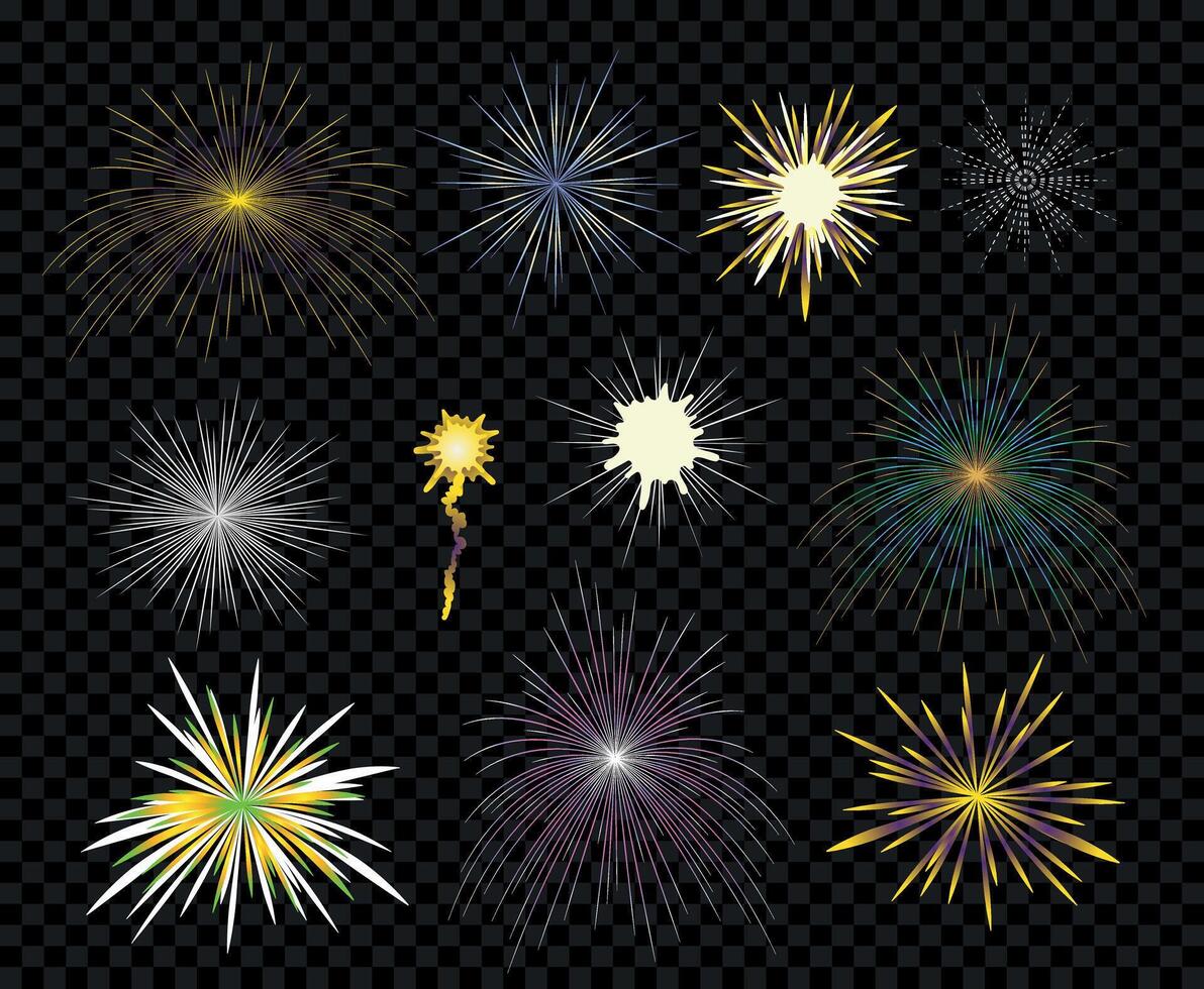 gloeiend vuurwerk verzameling. vuurwerk geïsoleerd Aan een donker achtergrond. feestelijk vuurwerk, explosie. ontwerp sjabloon voor vieren concept, groet kaarten, spandoeken. vector