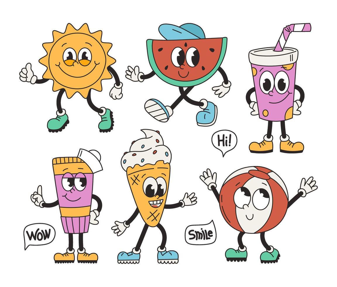 reeks van retro groovy zomer karakters. grappig wijnoogst mascotte, zon, fruit, ijs room, room, bal, drankje, toespraak bubbel. tekenfilm vector
