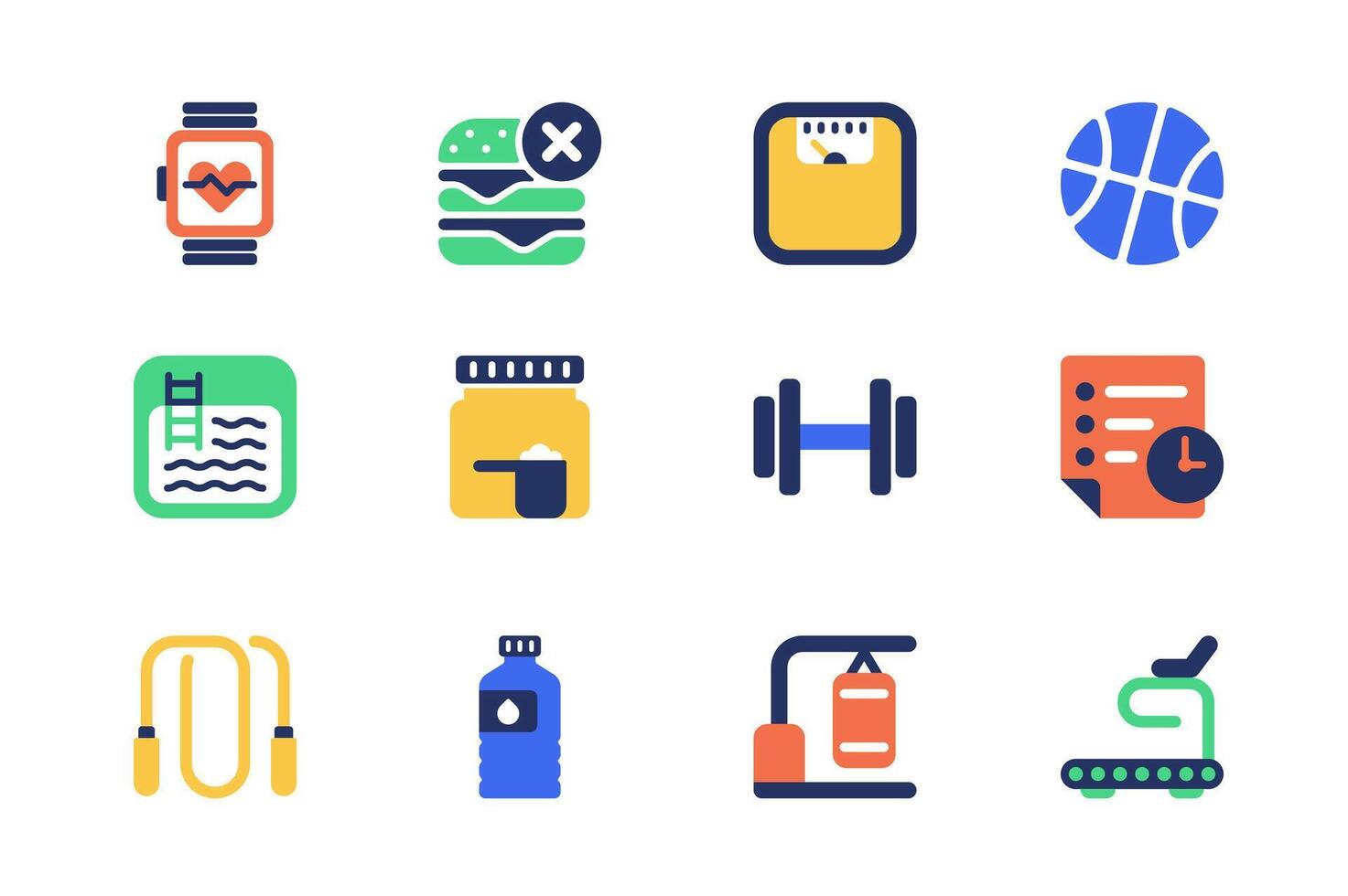 geschiktheid concept van web pictogrammen reeks in gemakkelijk vlak ontwerp. pak van horloge, gezond eetpatroon, gewicht, bal, zwembad, opleiding, overslaan touw, ponsen tas, loopband en ander. pictogrammen voor mobiel app vector