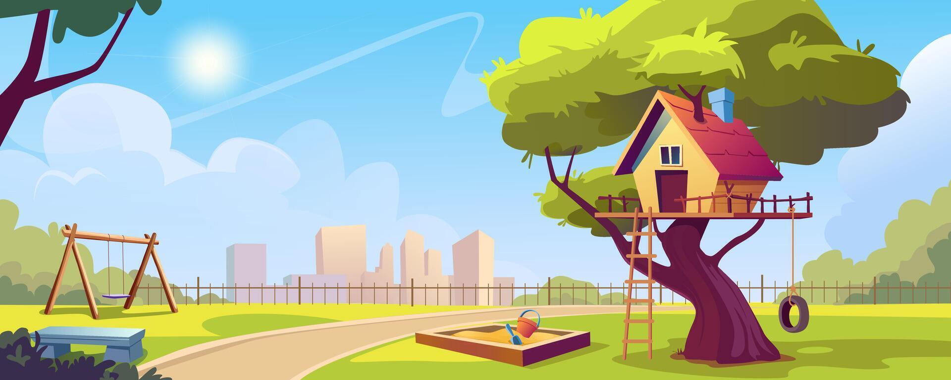 kind speelplaats in stad park achtergrond banier in tekenfilm ontwerp. houten huis Aan boom met ladder, zandbak met speelgoed, schommel draaimolens, bank en pad, stadsgezicht achtergrond. tekenfilm illustratie vector