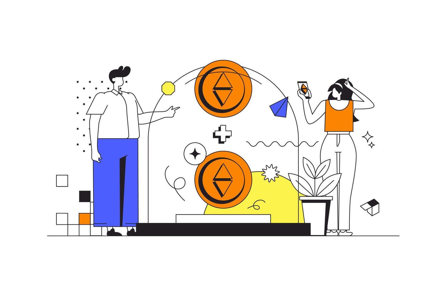 cryptogeld investering web concept in vlak schets ontwerp met karakters. Mens en vrouw buying bitcoins en neemt toe inkomen, digitaal geld. crypto bedrijf mensen tafereel. illustratie. vector