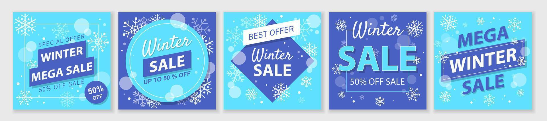 winter en Kerstmis uitverkoop plein sjabloon reeks voor advertenties berichten in sociaal media. indelingen bundel voor opruiming met sneeuwvlokken. geschikt voor mobiel appjes, banier ontwerp en web advertenties. illustratie. vector