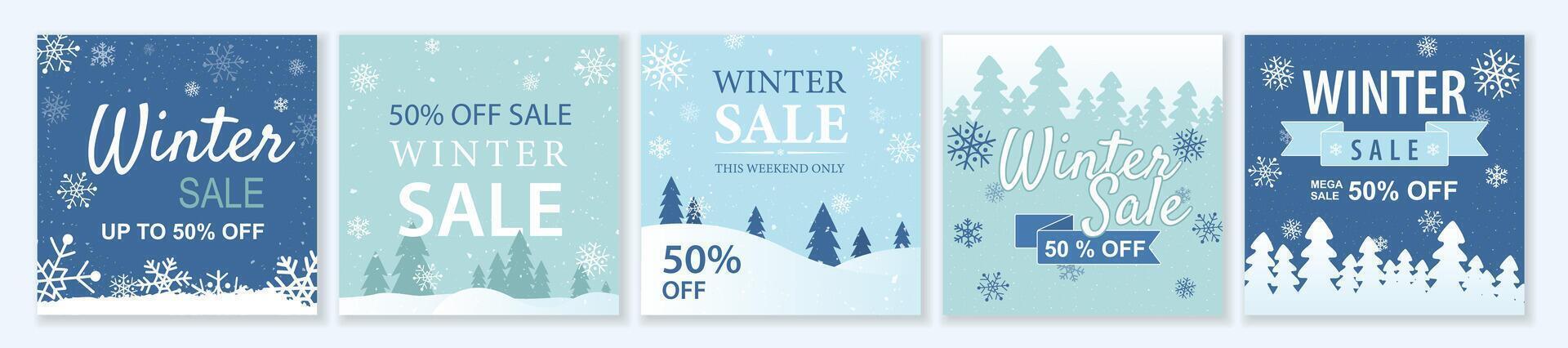 winter en Kerstmis uitverkoop plein sjabloon reeks voor advertenties berichten in sociaal media. bundel van blauw indelingen met sneeuwvlokken en bomen. geschikt voor mobiel appjes, banier ontwerp en web advertenties. illustratie. vector