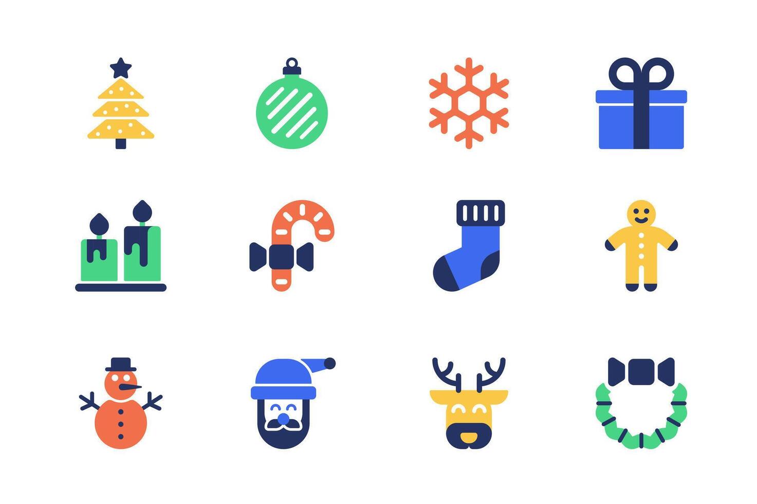 Kerstmis concept van web pictogrammen reeks in gemakkelijk vlak ontwerp. pak van boom, feestelijk speelgoed, sneeuwvlok, geschenk, kaars, snoep, sneeuwman, de kerstman claus, rendier, krans en ander. pictogrammen voor mobiel app vector