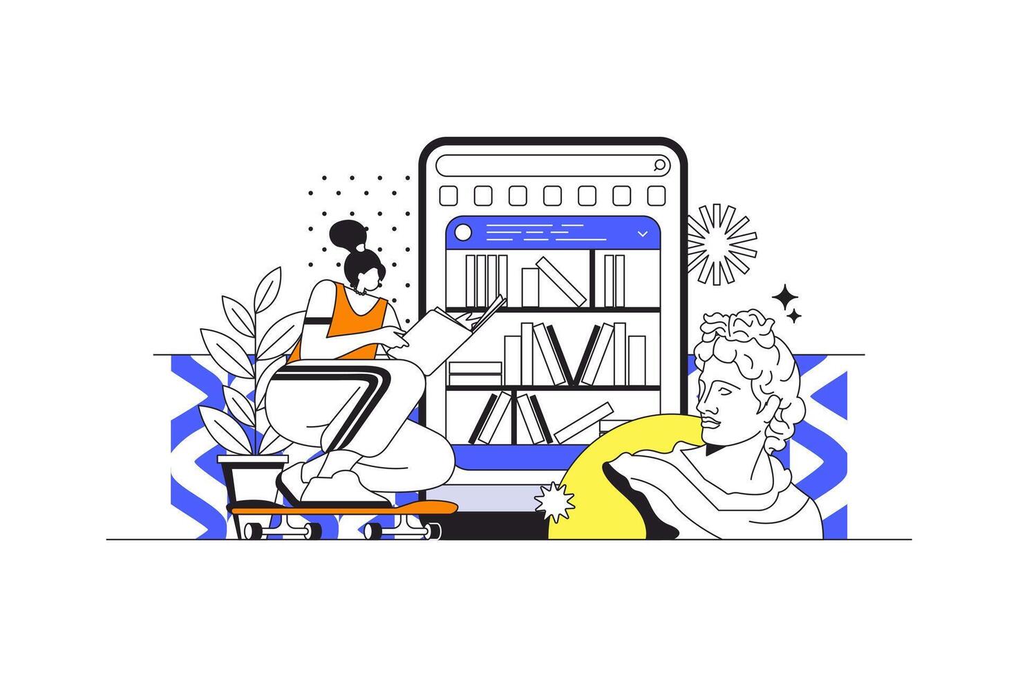 online bibliotheek web concept in vlak schets ontwerp met karakters. vrouw lezing e-boeken, winkels boeken in wolk opslagruimte of apparaat, koopt boeken in online boekhandel, mensen tafereel. illustratie. vector