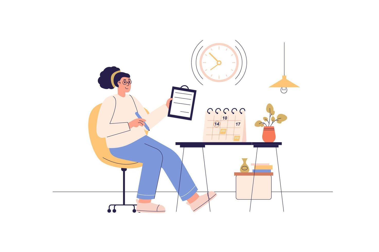 tijd beheer web concept met mensen tafereel. vrouw planning taken in checklist en kalender, effectief tijd uitgeven en bereikt doelen. karakter situatie in vlak ontwerp. illustratie. vector