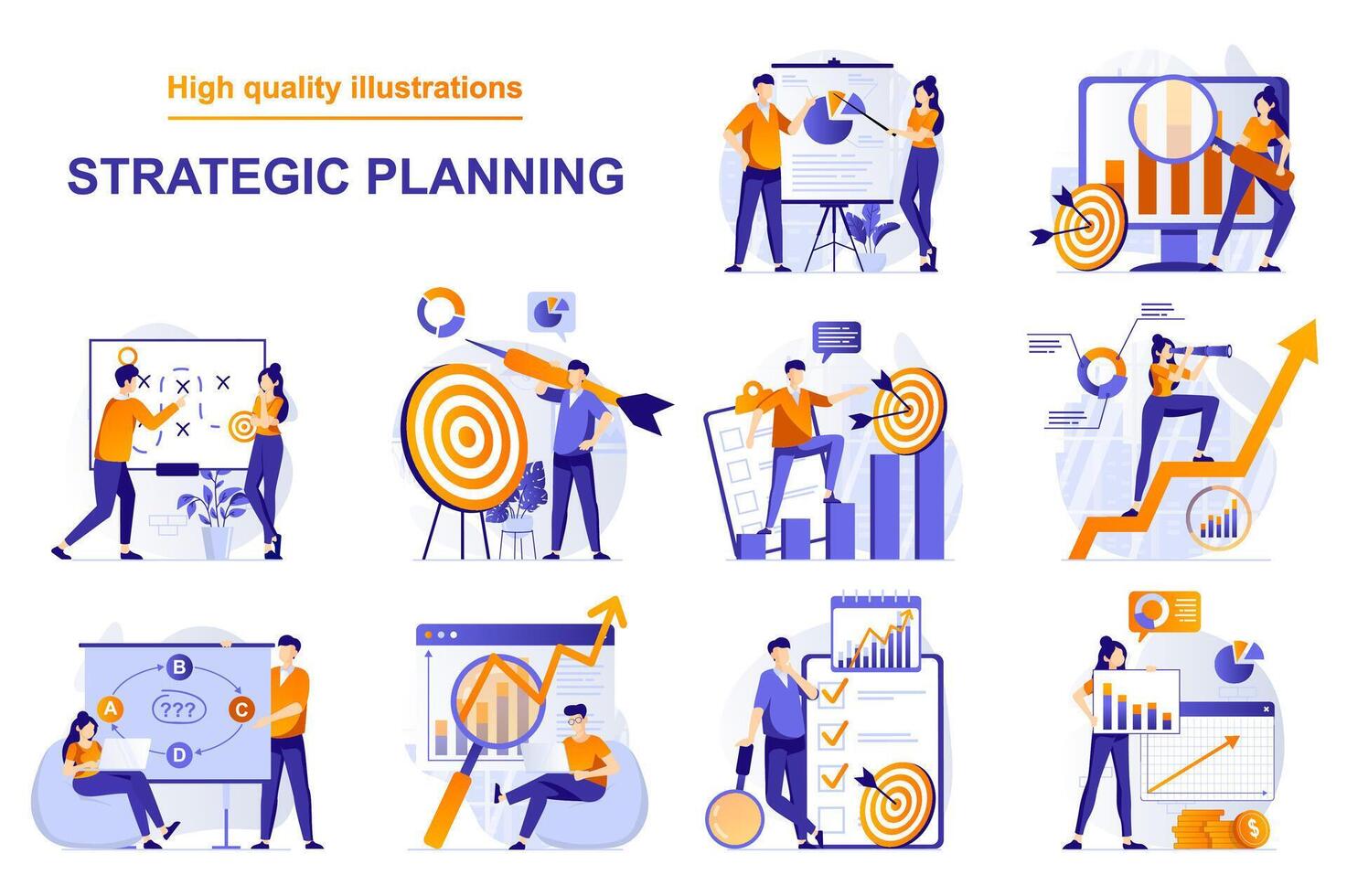 strategisch planning web concept met mensen scènes reeks in vlak stijl. bundel van gegevens analyse, brainstormen, creëren bedrijf plan, gericht op, genereren ideeën. illustratie met karakter ontwerp vector