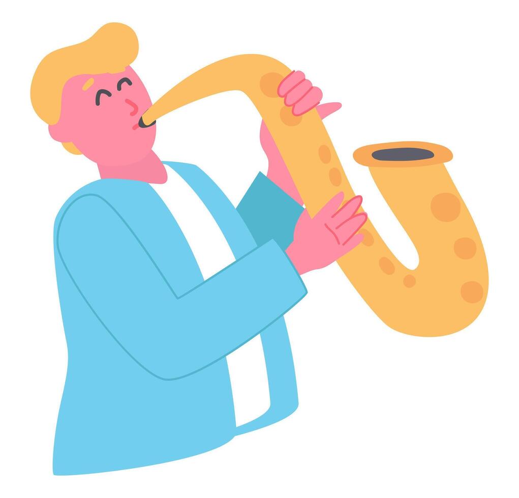 musicus spelen saxofoon in vlak ontwerp. musical jazz- instrument. illustratie geïsoleerd. vector