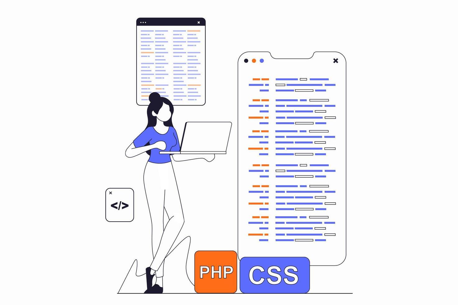 ontwikkeling en programmering concept met mensen tafereel in vlak schets ontwerp. vrouw schrijft code en creëert mobiel appjes, reparaties bugs en testen. illustratie met lijn karakter situatie voor web vector