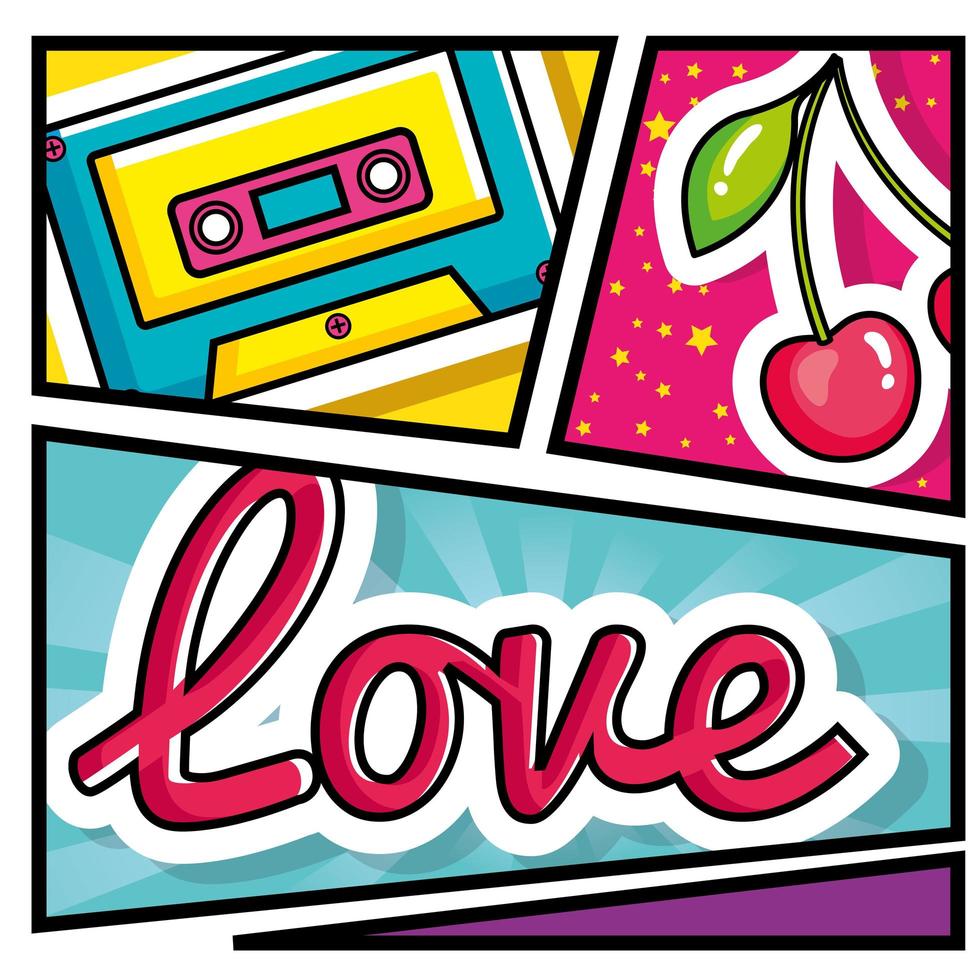 cassettemuziek met kersen en liefdesbelettering in pop-artstijl vector