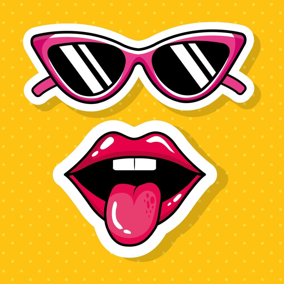 sexy mond met tong uit en zonnebril pop-art stijl vector