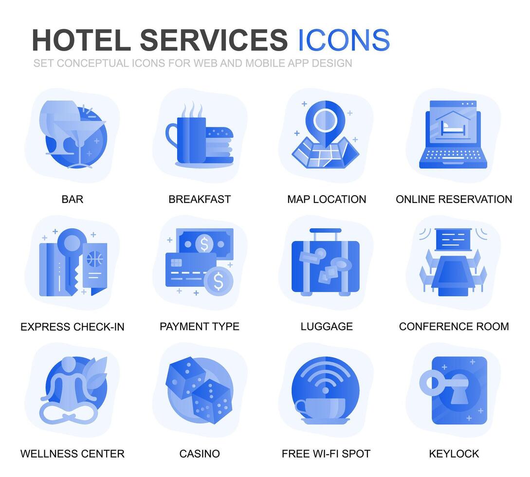 modern reeks hotel onderhoud helling vlak pictogrammen voor website en mobiel apps. bevat zo pictogrammen net zo restaurant, kamer Diensten, ontvangst. conceptuele kleur vlak icoon. pictogram pak. vector