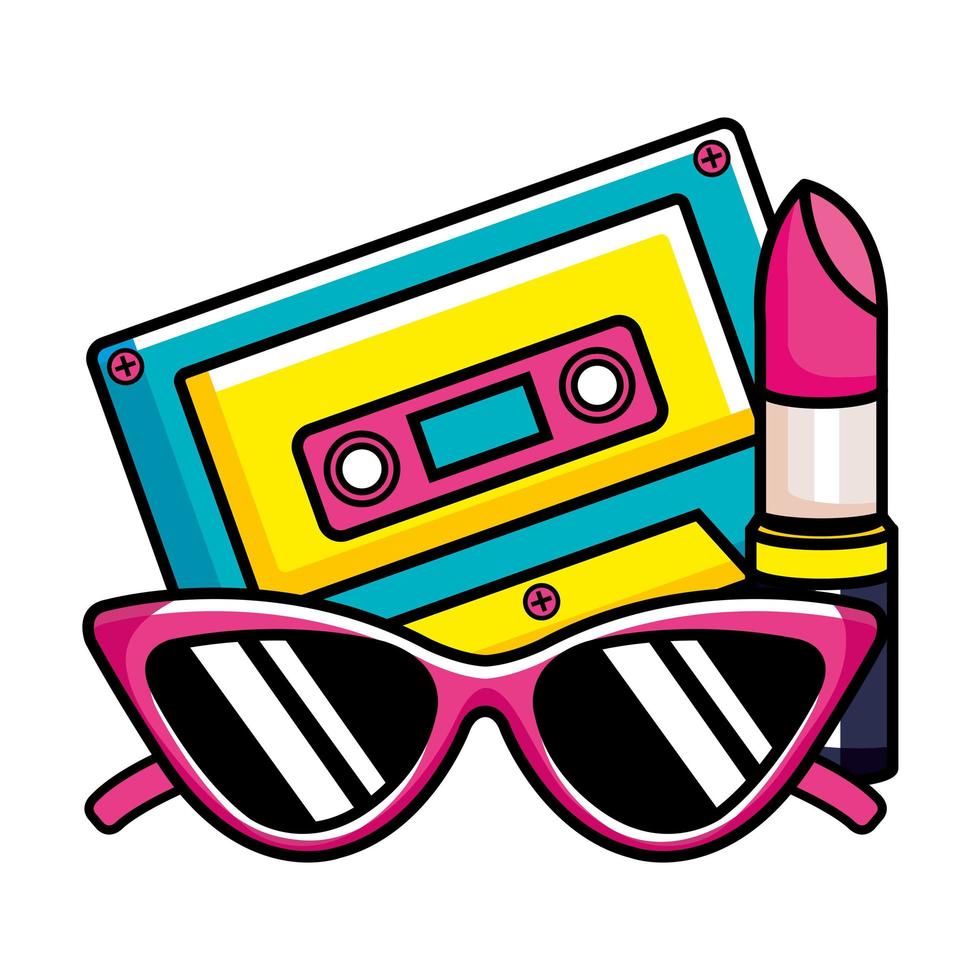 cassettemuziek met zonnebril en lippenstift pop-art stijlicoon vector