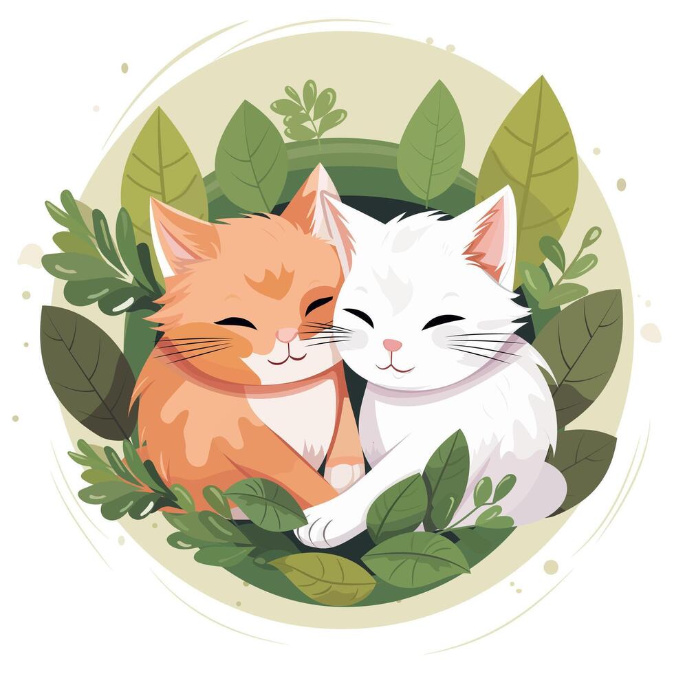 schattig kittens knuffelen, zittend in bladeren en bloemen vector