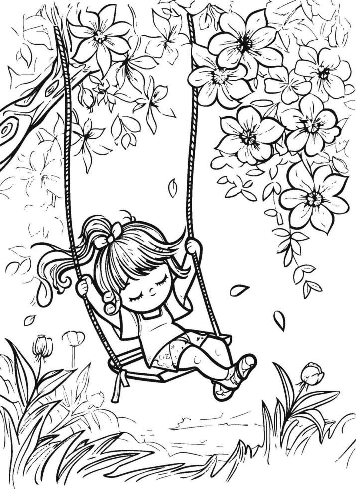 blij meisje swinging onder bloeiend boom in sereen tuin vector