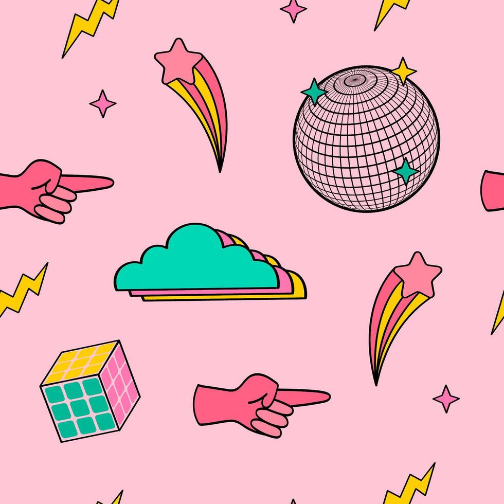 90s schattig elementen verzameling. disco bal, wolk, hand. retro roze kleur naadloos patroon in tekening stijl. vector