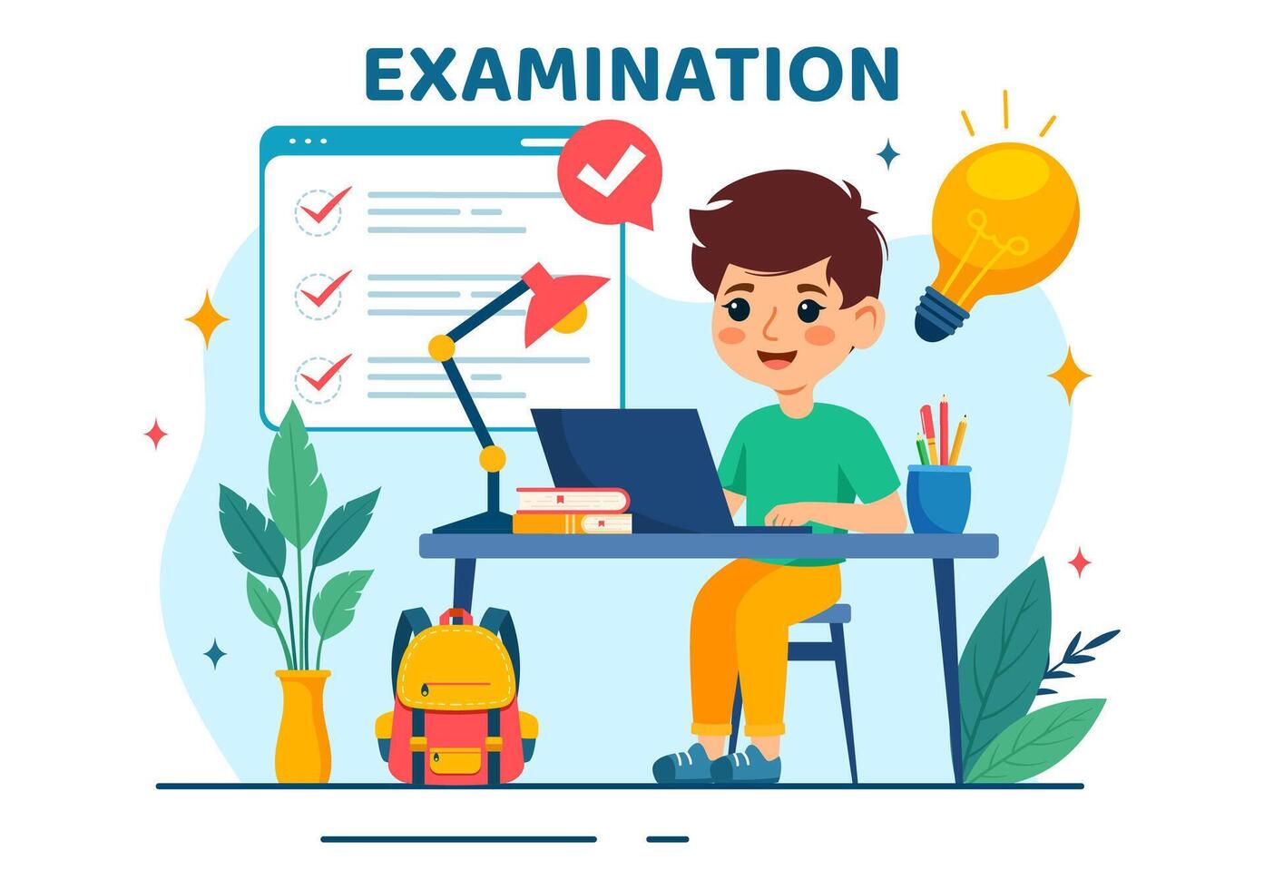 examen papier illustratie met online examen, het formulier, papieren antwoorden, enquête of internet quiz in vlak kinderen tekenfilm achtergrond ontwerp vector