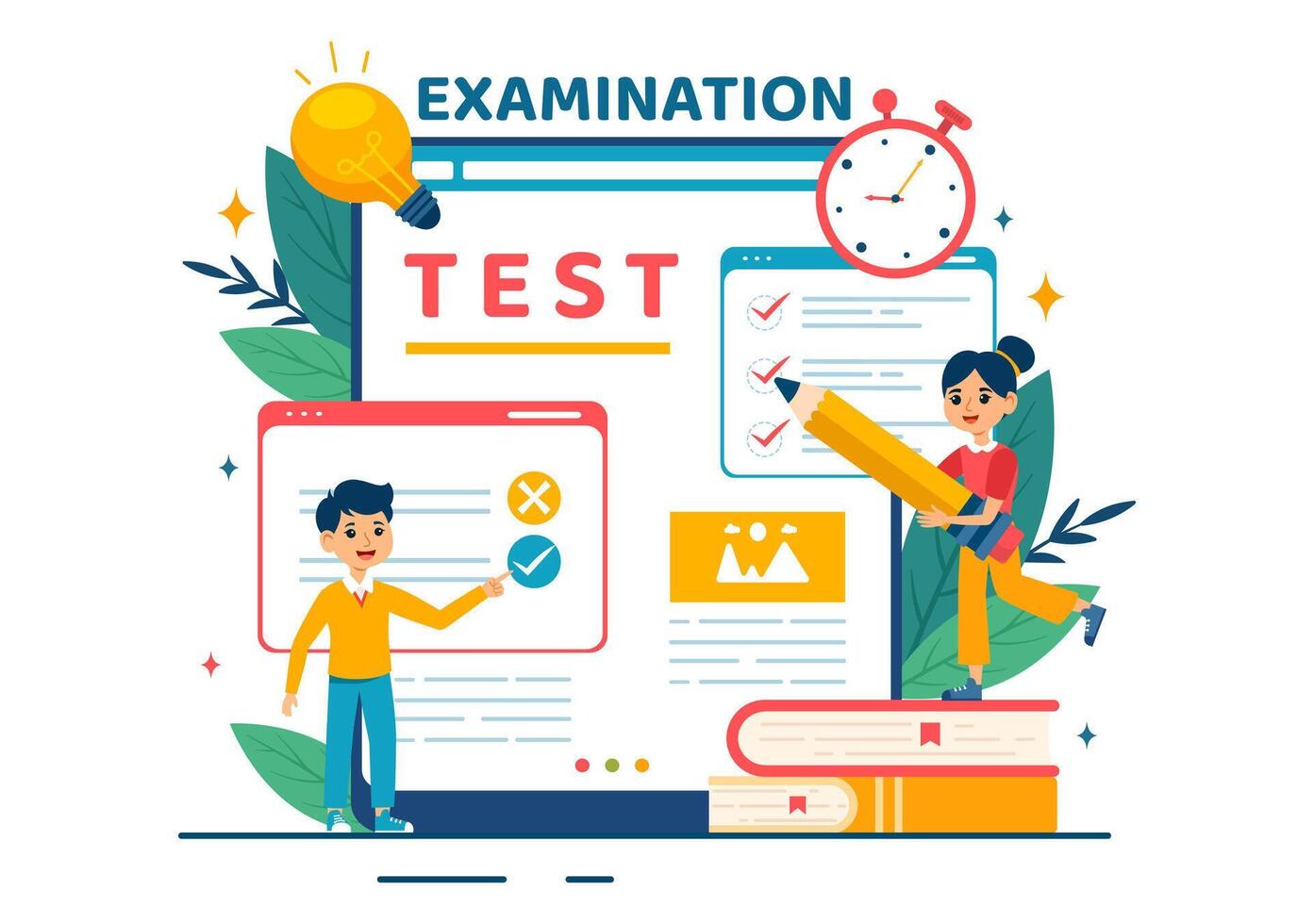 examen papier illustratie met online examen, het formulier, papieren antwoorden, enquête of internet quiz in vlak kinderen tekenfilm achtergrond ontwerp vector