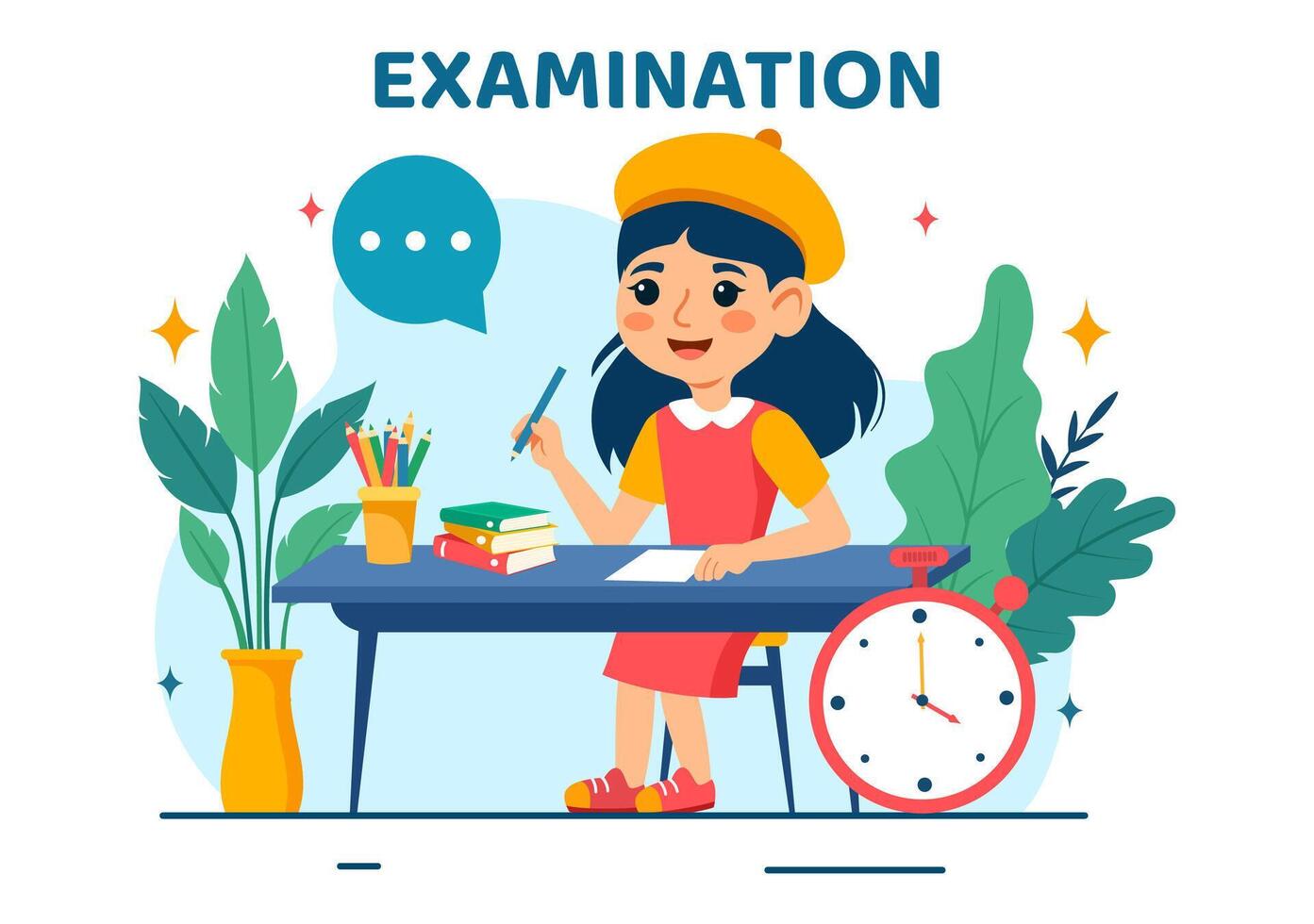 examen papier illustratie met online examen, het formulier, papieren antwoorden, enquête of internet quiz in vlak kinderen tekenfilm achtergrond ontwerp vector