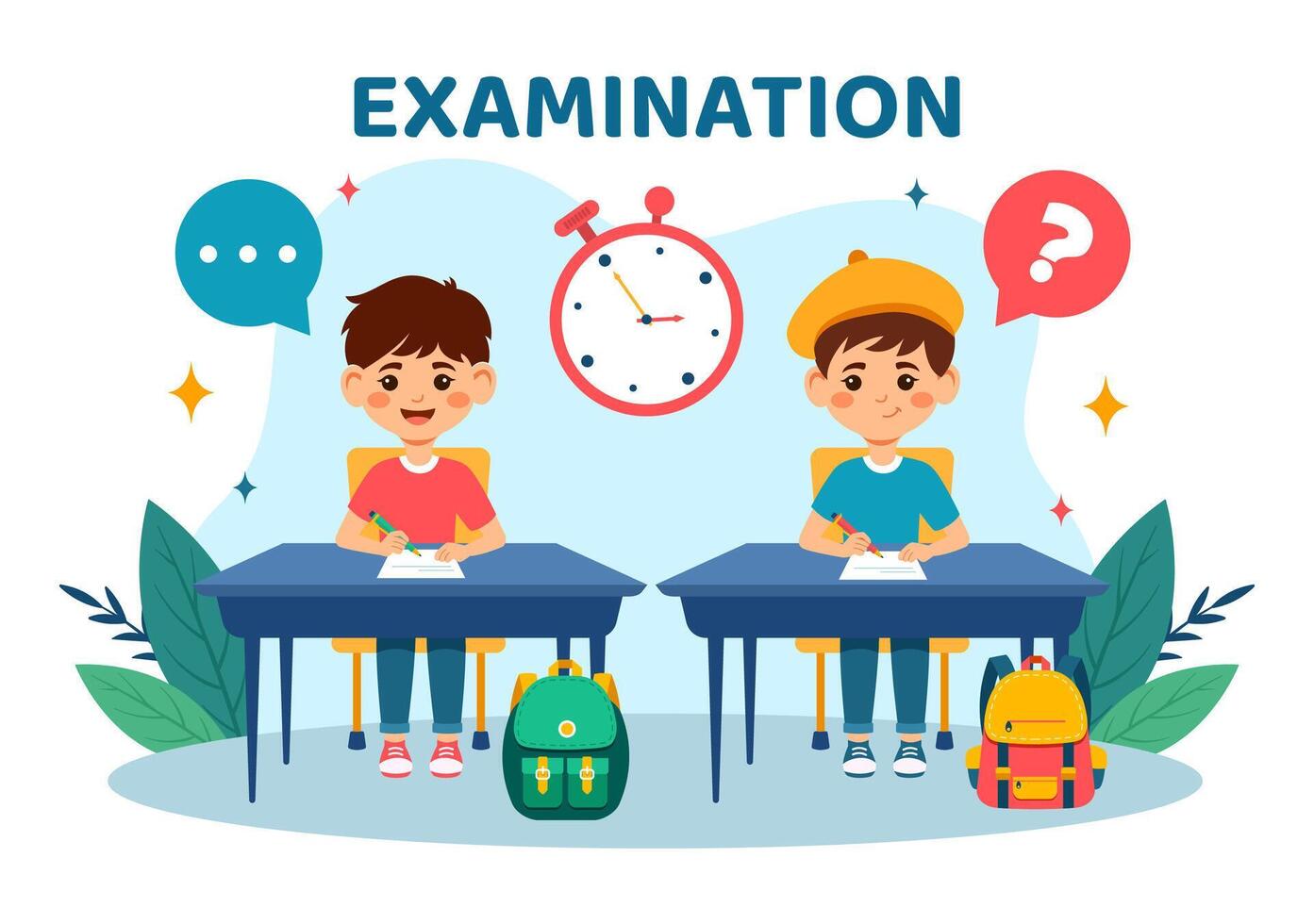 examen papier illustratie met online examen, het formulier, papieren antwoorden, enquête of internet quiz in vlak kinderen tekenfilm achtergrond ontwerp vector