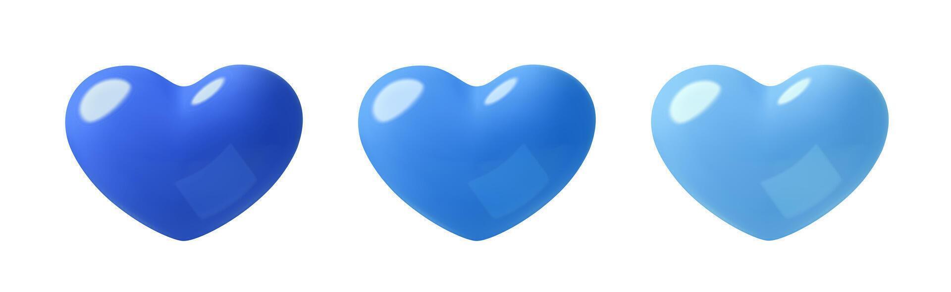 blauw harten 3d plastic elementen reeks liefde of Leuk vinden drie dimensionaal pictogrammen verzameling vector