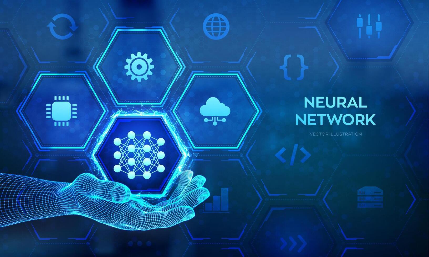 neurale netwerk icoon in wireframe hand. ai. kunstmatig intelligentie. machine aan het leren. diep aan het leren. groot gegevens analyse technologie concept. illustratie. vector