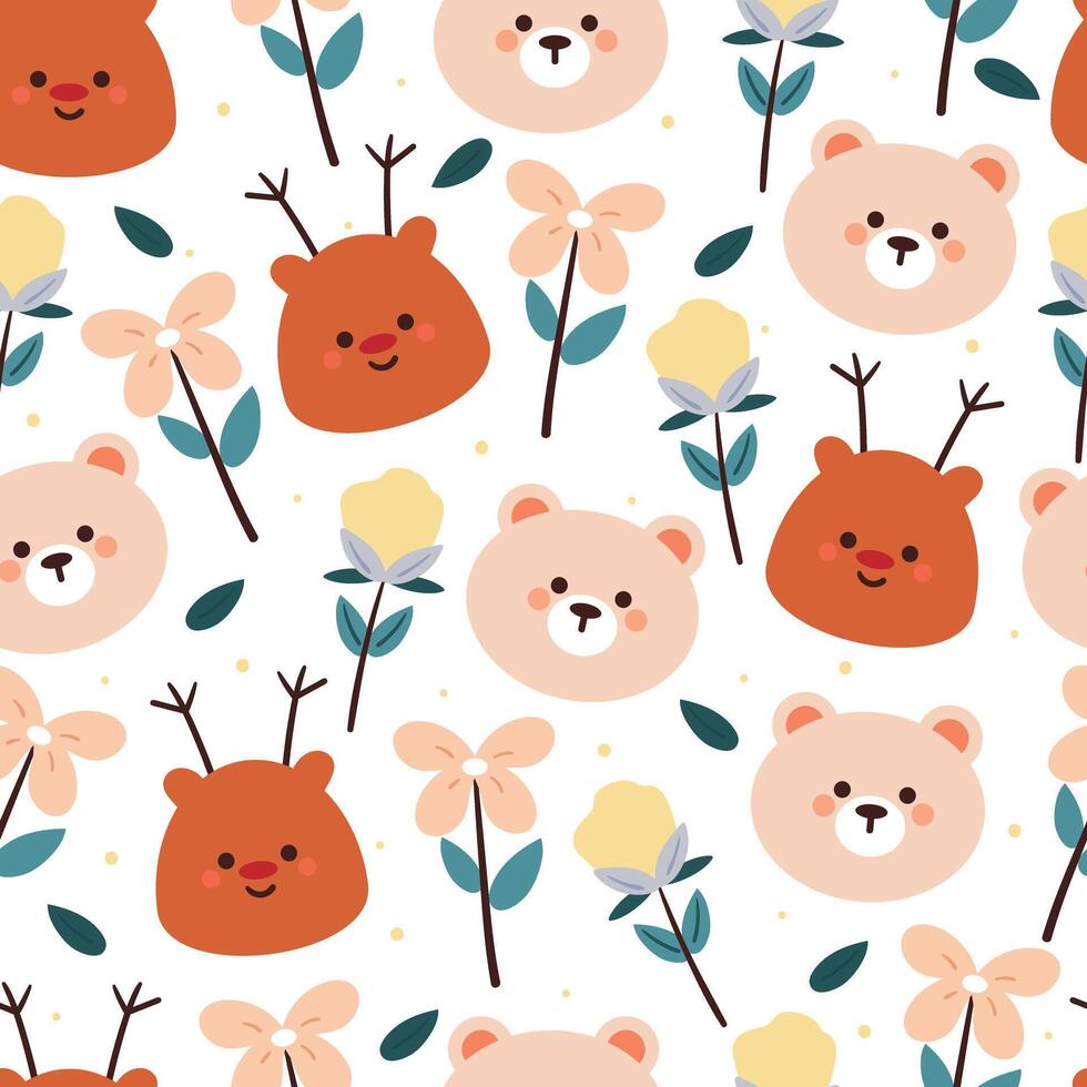 naadloos patroon tekenfilm beer en hert met fabriek en bloem. schattig dier behang voor textiel, geschenk inpakken papier vector