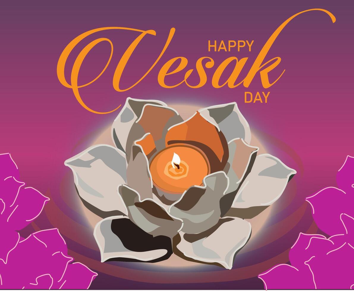 mooi lotus bloemen bloeiend met lit kaarsen Aan de rivier- water Purper achtergrond gelukkig vesak dag vector