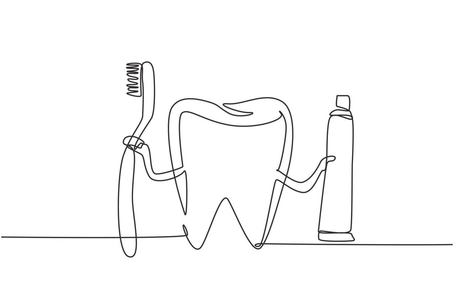 continue één lijntekening gigantische tand met tandenborstel in de ene hand en tandpasta in de andere. symbool of logo tandheelkundige kliniek, mondzorgcentrum. enkele lijn tekenen ontwerp vector grafische afbeelding