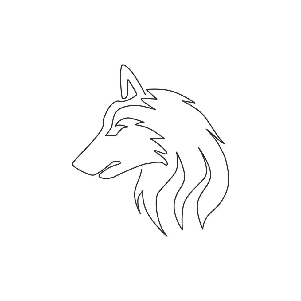 één enkele lijntekening van het hoofd van een gevaarlijke wolf voor de identiteit van het logo van de jagersclub. sterk wolvenmascotteconcept voor nationaal dierentuinpictogram. moderne doorlopende lijn tekenen ontwerp vector grafische afbeelding