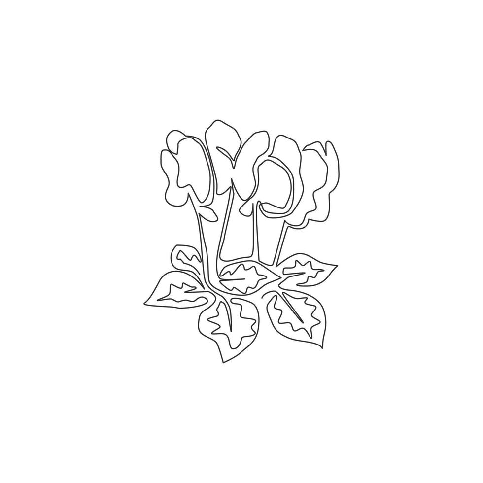 enkele lijntekening schoonheid verse cyclamen voor tuin logo. decoratieve meerjarige bloeiende plant concept voor home decor wall art poster print. moderne doorlopende lijn tekenen ontwerp vectorillustratie vector
