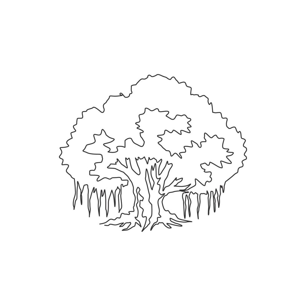 enkele lijntekening van grote schaduwrijke en schoonheid lommerrijke banyanboom. decoratief ficus benghalensis plantconcept voor nationaal parklogo. moderne doorlopende lijn tekenen ontwerp vector grafische afbeelding