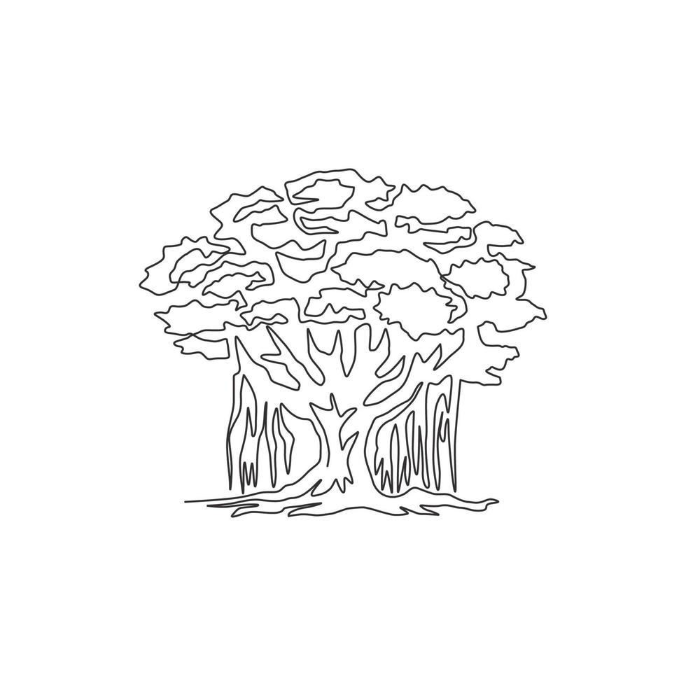 een doorlopende lijntekening schaduwrijke en lommerrijke banyanboom voor muur decor home art poster print. decoratieve ficus benghalensis plant voor nationaal park logo. enkele lijn tekenen ontwerp vectorillustratie vector