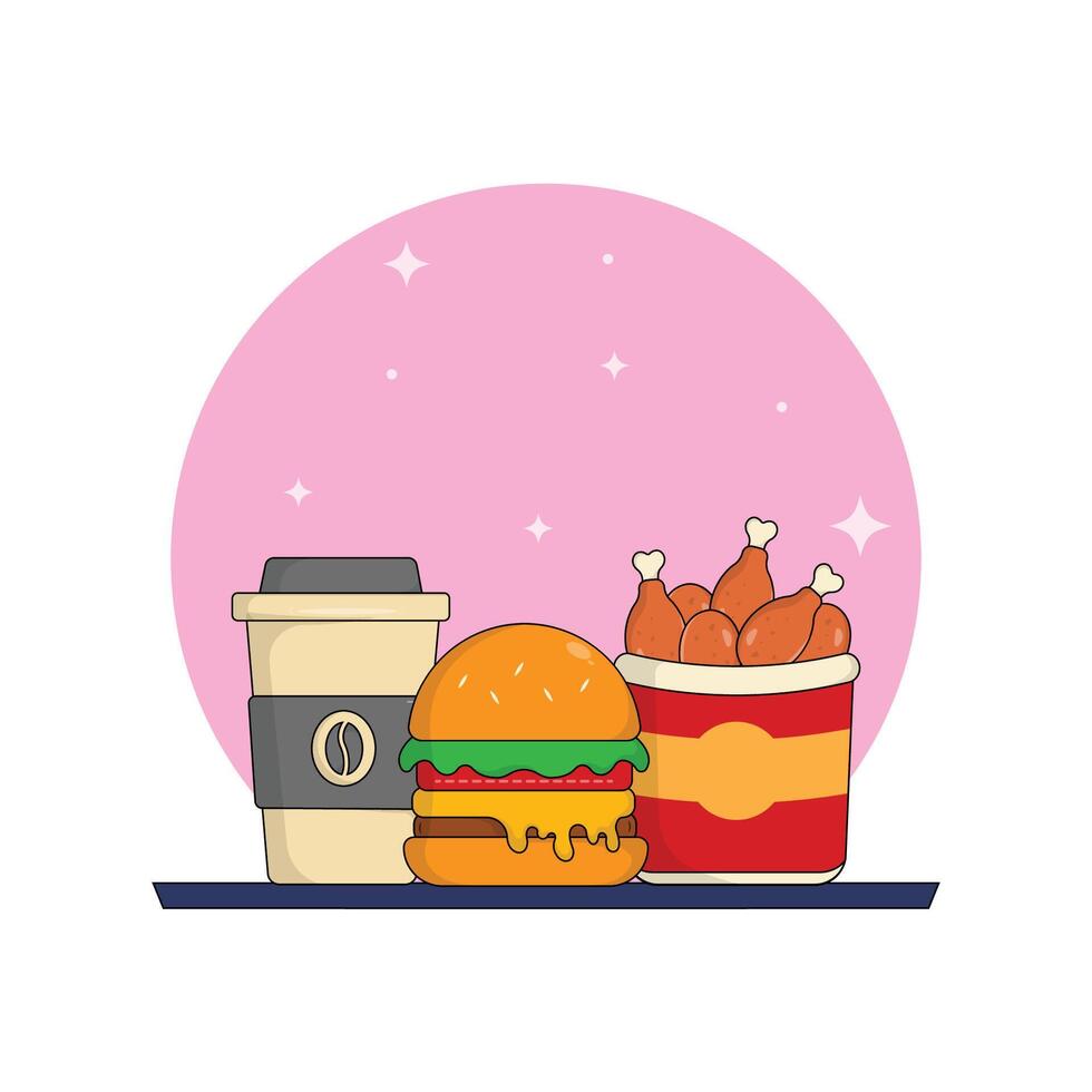 icoon combo hamburger, gebakken kip, koffie heerlijk snel voedsel en drinken illustratie concept.premium illustratie vector