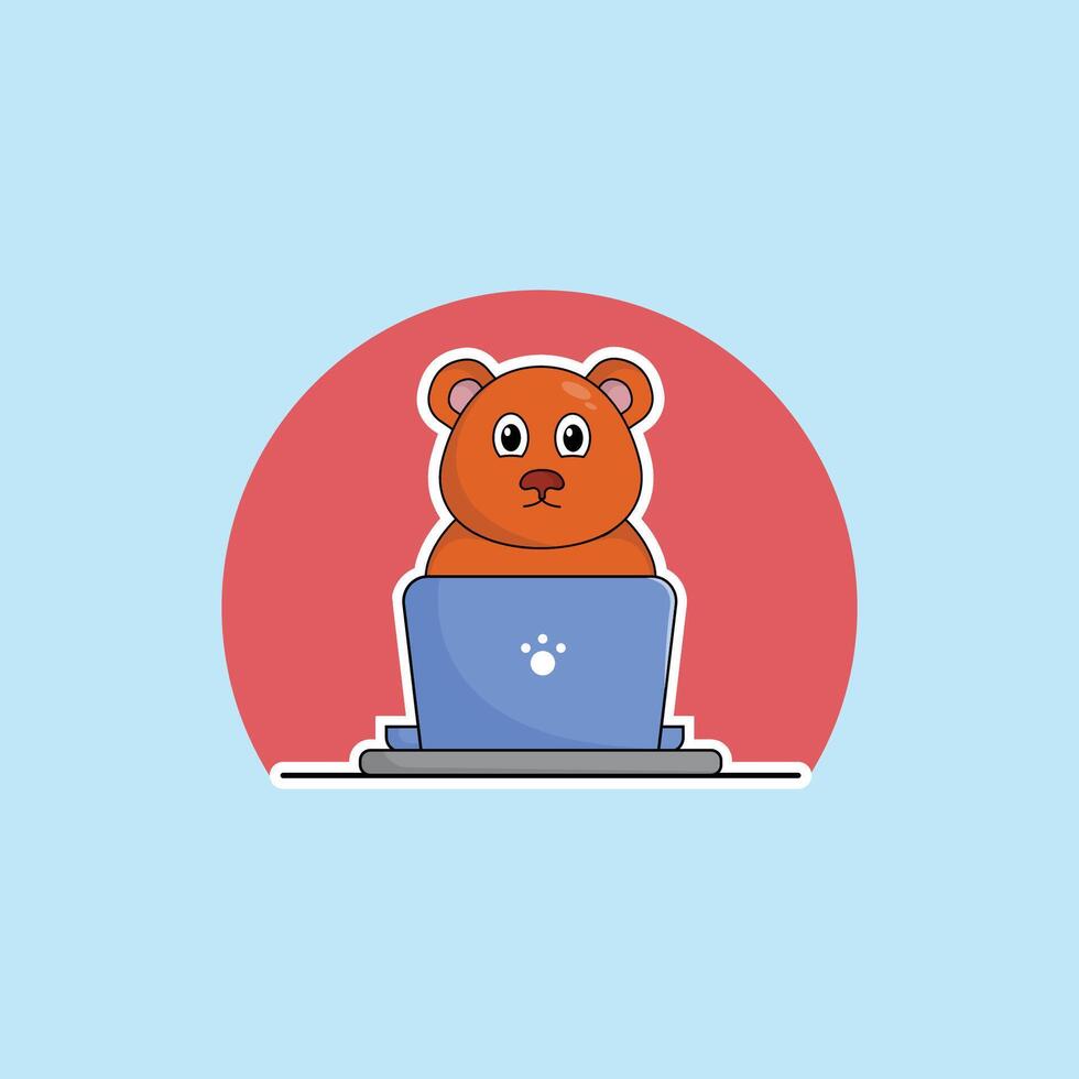 schattig dier beer tekenfilm werken Bij laptop illustratie dier technologie concept premie vlak tekenfilm vector
