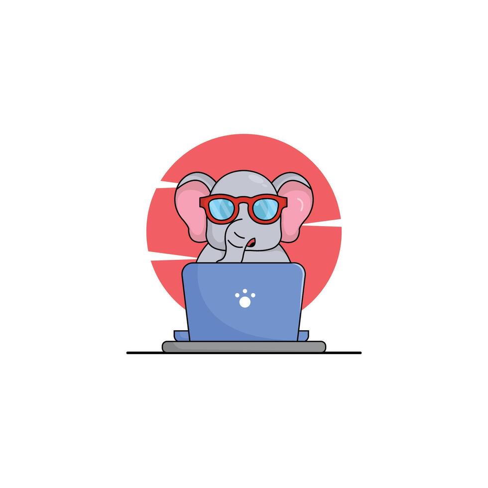 schattig dier olifant tekenfilm werken Bij laptop illustratie dier technologie concept premie vlak tekenfilm vector