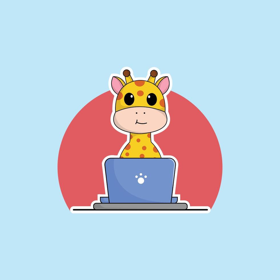 schattig dier giraffe tekenfilm werken Bij laptop illustratie dier technologie concept premie vlak tekenfilm vector
