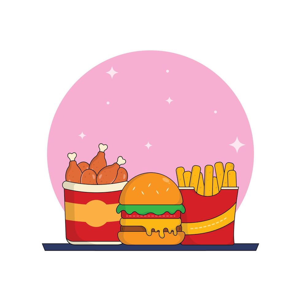 icoon combo hamburger, frans Patat, gebakken kip illustratie.snel voedsel en drinken concept geschikt voor landen pagina,sticker,banner,achtergrond,logo vector