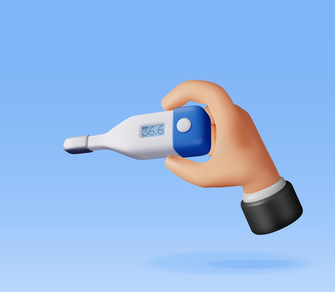 3d elektronisch thermometer voor meten in hand. geven digitaal thermometer tonen temperatuur. gezondheidszorg, ziekenhuis en medisch diagnostiek. urgentie en noodgeval Diensten. vector