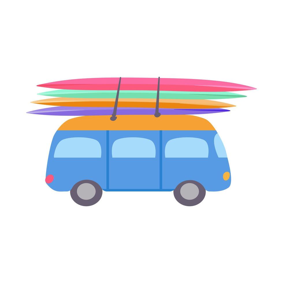 geïsoleerd schattig retro blauw bus veelkleurig surfplanken vakantie reis vlak afdrukken zomer poster poster kleding papier vector